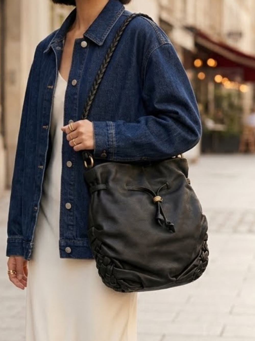 Vintage Elliott Lucca Black Leather Hobo Bucket Bag Drawstring Shoulder Slouchy
